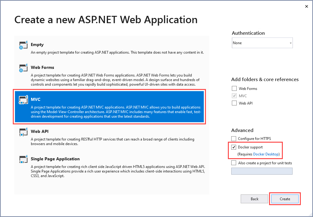ASP.NET Web アプリケーションの作成のスクリーンショット。